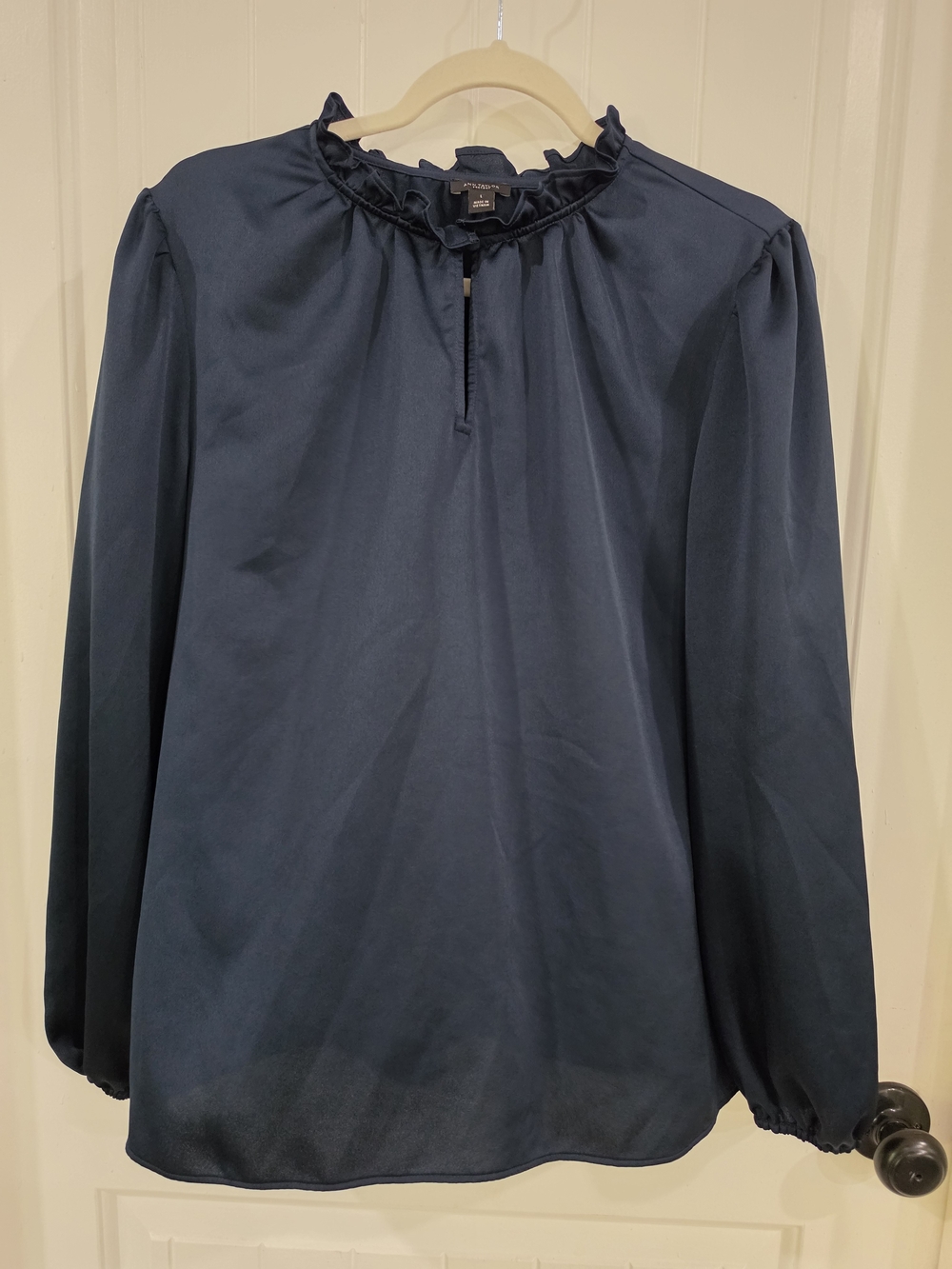 Ann Taylor Factory Turquoise Ruffle-Neck Long Sleeve Shirt L